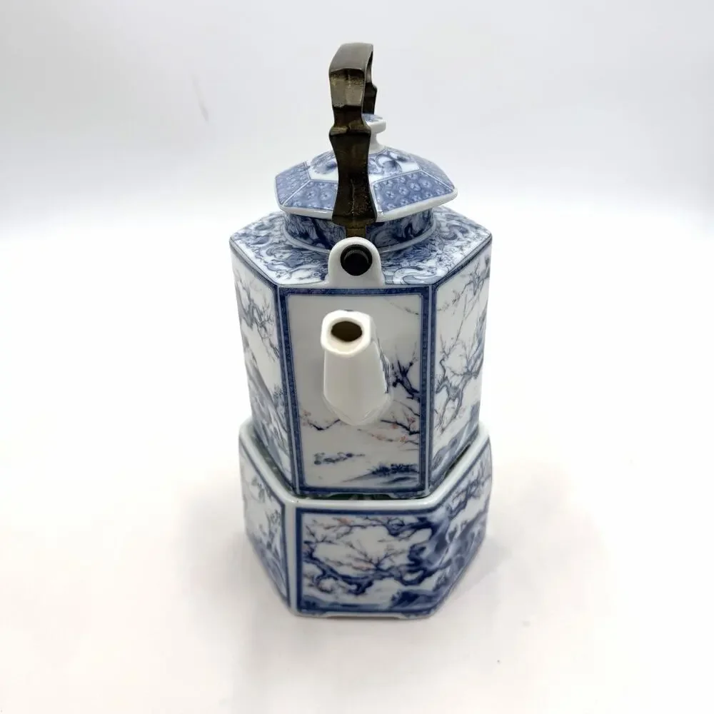 Vintage Dolphin Dynasty Blue Porcelain Hexagonal Teapot Warmer & Brass Handle
